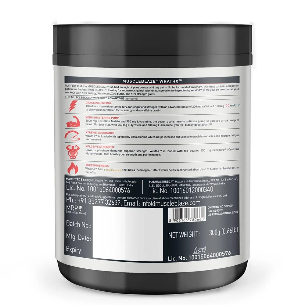 MuscleBlaze Pre Workout WrathX, 300 g (0.66 lb)