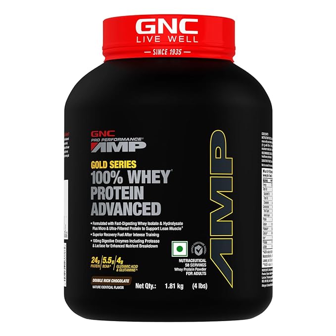 GNC AMP GOLD SERIES 100% WHEY PROTEIN ADVANCE 4LBS WITH FREE GNC TRIPLE STRENGTH OMEGA-3 30 SOFTGEL