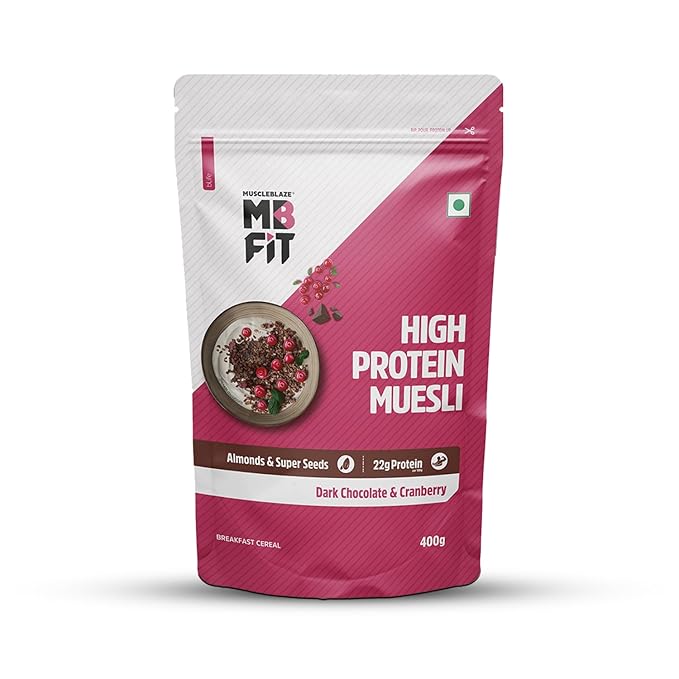 MuscleBlaze High Protein Muesli 400 g, Dark Chocolate & Cranberry, 22g Protein, Superseeds, Raisins & Almonds, Protein Breakfast Cereals