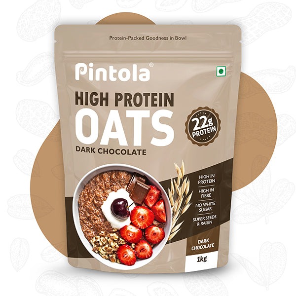 PINTOLA 22g High Protein Oats 1kg, Dark Chocolate,No Refined Sugar, with Almonds Raisin, Pumpkin and Chia Seeds, 8g Fibre, Rolled Oats for Weight Management, Breakfast Cereals | Gluten Free