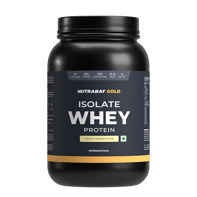 Nutrabay Gold Whey Protein Isolate Powder - 1kg, Kesar Badam Pista | 26g Protein, 6.2g BCAA | Easy to Digest | NABL Lab Tested | Muscle Growth & Recovery | Rich in Glutamic Acid | For Men & Women