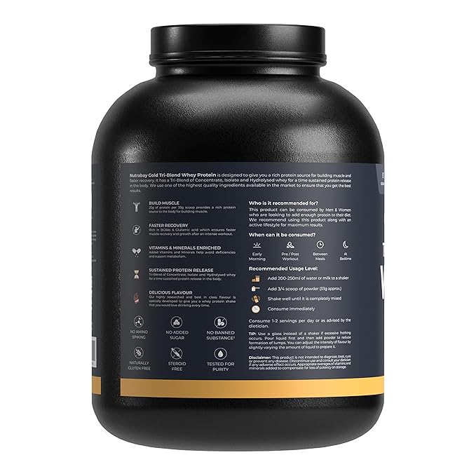 Nutrabay Gold Tri Blend Whey Protein Powder (Hydrolyzed, Isolate & Concentrate) - 25g Protein, 5.6g BCAA, 4.2g Glutamic Acid - 2Kg, Rich Chocolate Crème