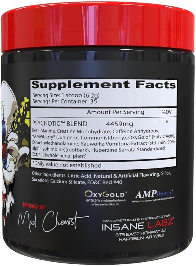 Insane Labz Psychotic, High Stimulant Pre Workout Powder, Extreme Lasting Energy, Focus and Endurance with Beta Alanine, Creatine Monohydrate DMAE, 35 Servings