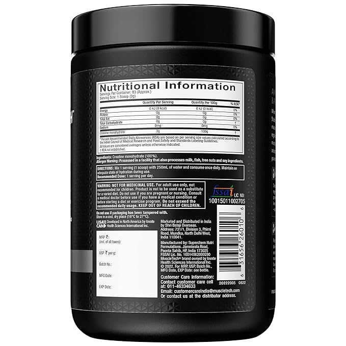 Muscletech Platinum 100% Creatine Powder (Unflavoured - 250 Gram, 83 Serves), Scientifically Researched to Build Muscle